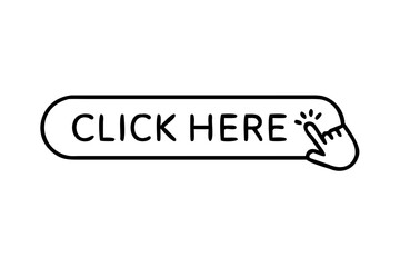 Click here button with hand clicking in flat style, flat Finger cursor isolated on white background. Click button for app and web design, vector icon illustration