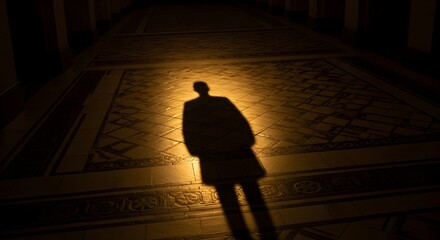 Lone figure's dramatic shadow stretches across ornate tiled floor in dimly lit grand hallway creating mystery and intrigue
