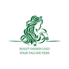 Elegant Beauty Salon Logo Design – Woman Silhouette with Floral Hair Illustration