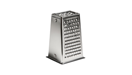 A close-up image shows a metallic rectangular kitchen grater, isolated on a black background