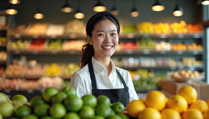 Smiling asian woman works in health food store behind counter. She wears apron, offers fresh produce, fruits and vegetables. Friendly employee serves customers in market.