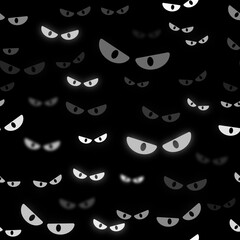 Creepy Eyes, Glowing eyes.Seamless Black and White Halloween Pattern &ndash; Tileable Spooky Background with Icons and Symbols