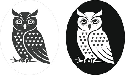 Owl Stylized, black and white vector birds, symmetrical design, expressive eyes, modern wildlife clipart, nature-themed art for print