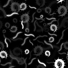 Centipede worm Seamless Black and White Halloween Pattern &ndash; Tileable Spooky Background with Icons and Symbols
