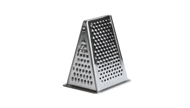 Shiny, stainless steel, pyramidal kitchen grater, isolated on a black background