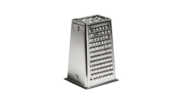 A close-up image shows a metallic rectangular kitchen grater, isolated on a black background