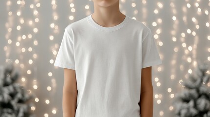 Child in plain white t shirt before soft Christmas lights neutral cozy background minimal decor apparel mockup template with copy space for holiday branding ecommerce and print on demand