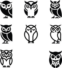 Set of nine stylized owl illustrations, black and white vector birds, abstract and geometric designs, modern wildlife clipart for branding, print, merchandise