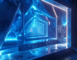 Futuristic, blue geometric tunnel with neon lighting and reflections