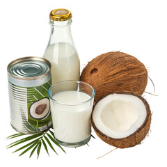 Coconut milk in a glass and can with fresh coconuts isolated on transparent background