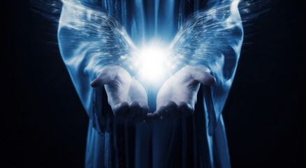 Guiding Light: A captivating display of human hands, emanating radiant energy, cradling a luminous sphere, which brings a message of spiritual awakening. Generative Ai