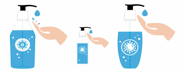 Hand sanitizers. alcohol to kill bacteria and eliminate virus, stop some viruses such as coronavirus. Sanitizer bottle, hand washing symbol, for the spread of viruses Covid-19 and corona outbreaks,