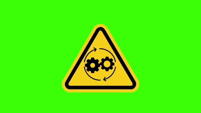 a flat-style vector icon of rotating gears inside a yellow warning triangle, no background.