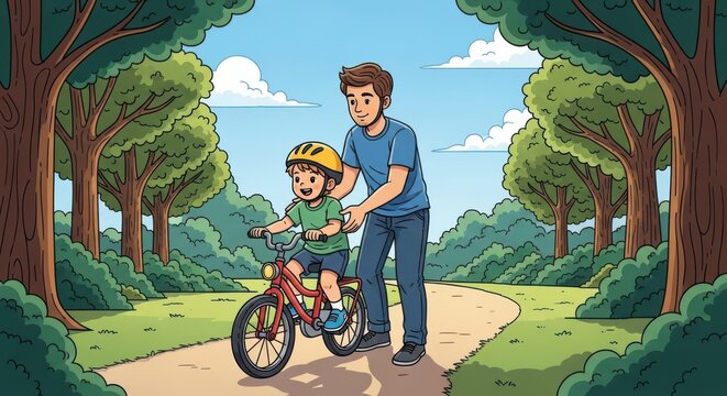 Father assisting his son riding bicycle along pathway in idyllic landscape - Powered by Adobe