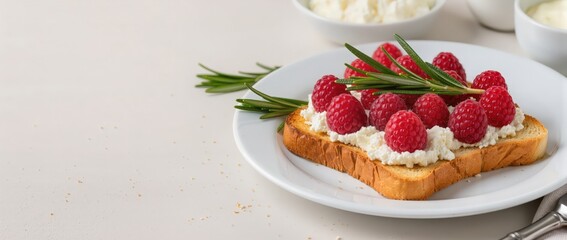 Toast with goat cheese, fresh raspberries, and rosemary sprig, elegant minimal styling