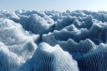 Textured, striated, light blue terrain under pale sky; abstract landscape