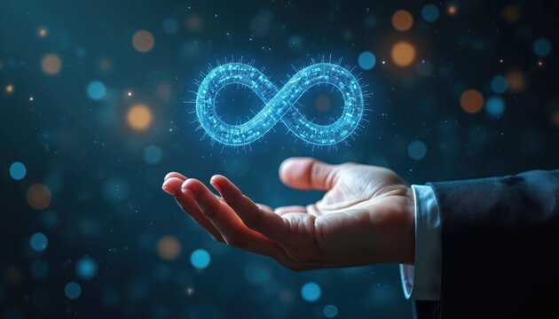 Hand holds glowing infinity symbol. Man shows digital loop concept. Business person demonstrates digital solution. Infinite possibilities in modern tech. Tech integration, connectivity. Perfect for
