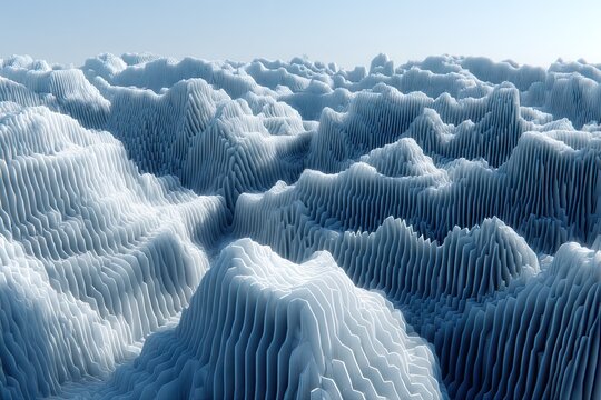 Textured, striated, light blue terrain under pale sky; abstract landscape