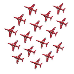 Formation of red airplanes flying in a diamond pattern isolated on transparent background