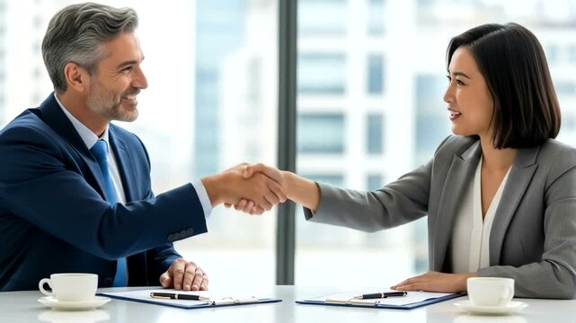 Business people shaking hands after successful meeting in office setting, collaboration and