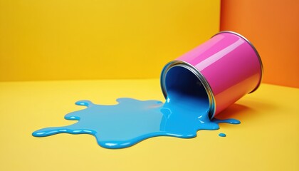 Pink paint spills bright blue liquid paint onto vivid yellow surface. Bold colors create dynamic artistic mess. Image creativity, color explosion, fresh design ideas for modern decor.