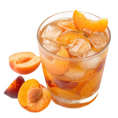 Peach iced tea with fruit and ice cubes, isolated on transparent background
