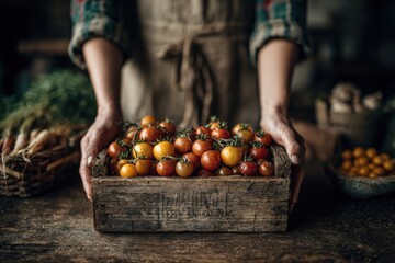 Hands of a person holding a rustic wooden crate filled with vibrant cherry tomatoes, surrounded by fresh produce, showcasing the essence of farm-to-table freshness and culinary delight