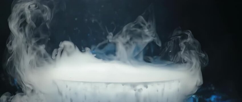 A surreal and beautiful slow-motion shot of liquid nitrogen being poured. Thick, heavy clouds of white vapor billow and cascade in a stunning display.