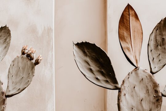 Prickly pear cactus detail against a light textured wall