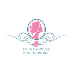 Elegant Beauty Salon Logo Design – Woman Silhouette with Floral Frame and Vintage Ornament