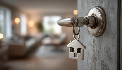 Key with house-shaped keychain is hanging from a vintage door handle, leading into a softly lit living room, symbolizing home and comfort in a welcoming environment
