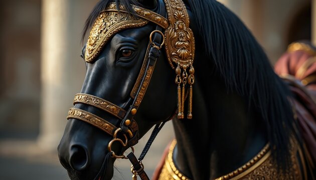 Close-up of black horse head wearing ornate golden bridle and tack. Majestic animal with dark mane and striking eye, detailed craftsmanship on regal equine gear.