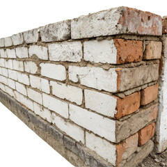 Closeup of a weathered brick wall with white and red bricks isolated on transparent background