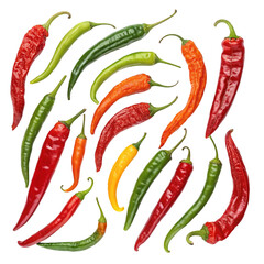A variety of fresh chili peppers isolated on transparent background