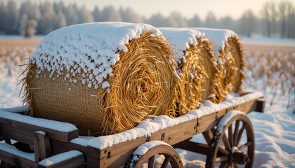 Snow-covered hay bales stacked on wooden cart in winter field  