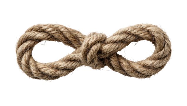 A textured infinity symbol crafted from thick, natural rope, knotted to maintain its shape on black