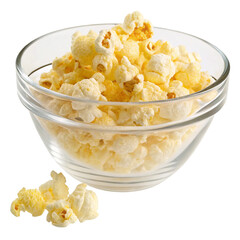 A glass bowl overflowing with popcorn, with a few pieces scattered in front, isolated on white isolated on transparent background