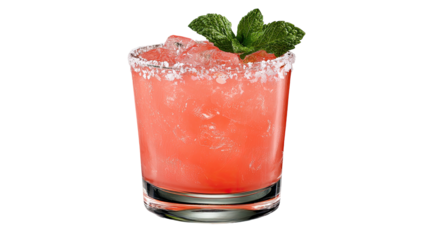 A vibrant pink cocktail in a glass with a salted rim, garnished with mint leaves