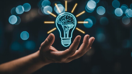 Hand holding a lightbulb with a brain inside and glowing rays on a blurred bokeh background