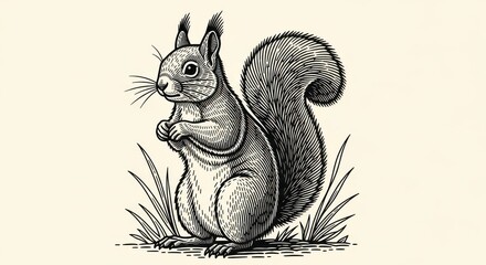 Intricate Engraved Squirrel Illustration with Naturalistic Detail