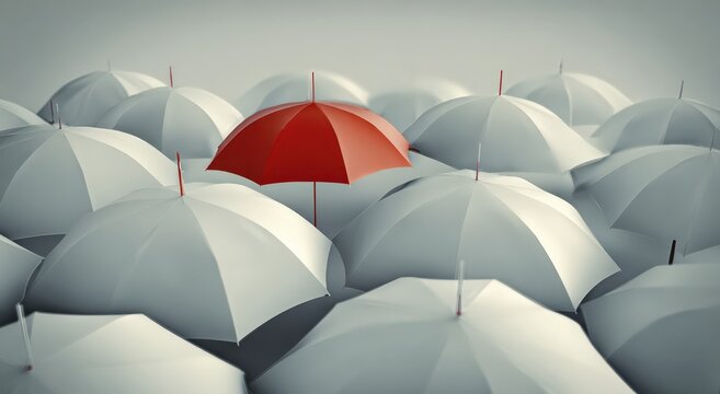 A unique red umbrella stands out amidst a sea of closed, neutral-colored umbrellas, embodying individuality and standing apart from the crowd.Created with Generative AI, not depicting real subjects.