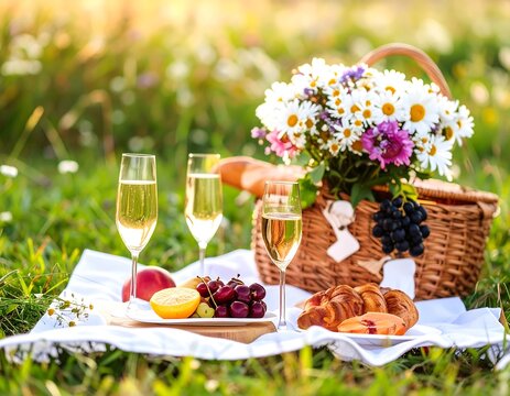 A sun-drenched picnic setup, featuring champagne flutes, a basket of flowers, bread, fruits, and pastries - Powered by Adobe