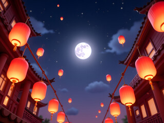 Obraz premium Mid-Autumn Festival Kongming Lantern Night Moon National Trend National Style Wishing Blessing Illustration