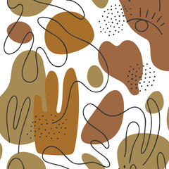 Modern abstract seamless pattern with hand drawn organic shapes, scribbled lines, and dots. This artistic design in warm earth tones is great for fabric, wallpaper, and contemporary backgrounds.