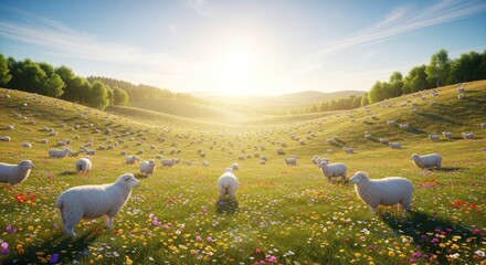 Fototapeta premium Sheep graze in a flowered meadow with sunlit green hills and a bright sky