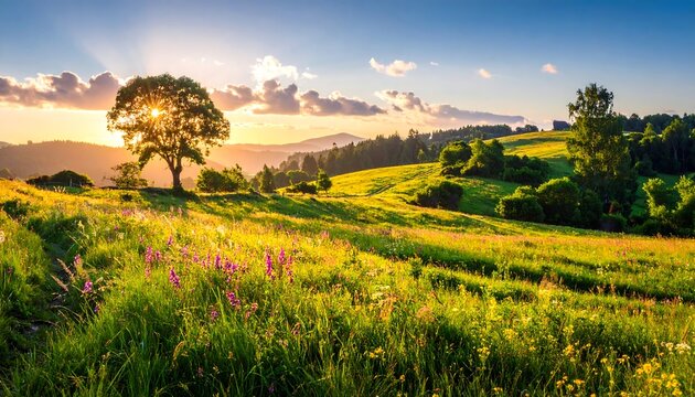 A vibrant landscape features a sunlit meadow with purple wildflowers and a lone tree against a backdrop of rolling hills and a glowing sunset