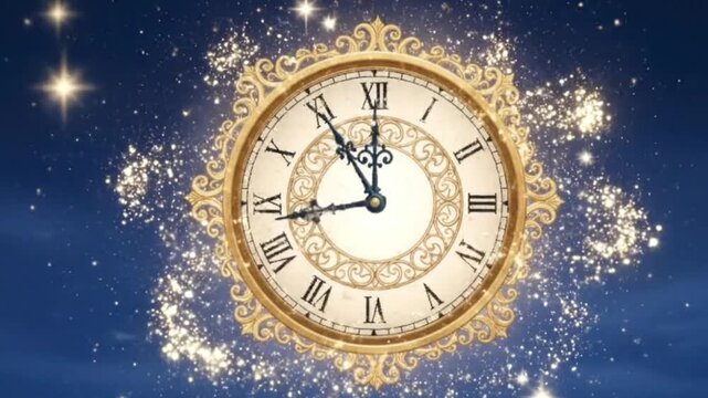 An ornate clock shows five minutes to midnight against a dark blue starry background