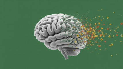 A brain disintegrating into pixels and flowers on a green background symbolizing memory loss
