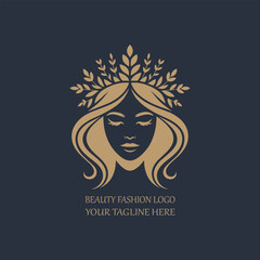 Elegant Beauty Fashion Logo with Woman Face and Floral Crown Design