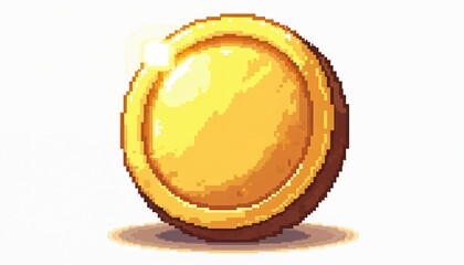 Shiny golden pixel coin icon with glow on white background. Digital game asset money, wealth, treasure. Retro arcade video game element for platformer game. Classic currency object from old computer